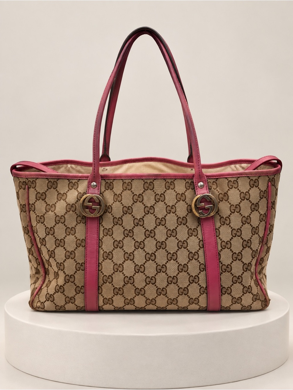 Gucci Japan Exclusive tote bag in GG monogram and pink trim with COA